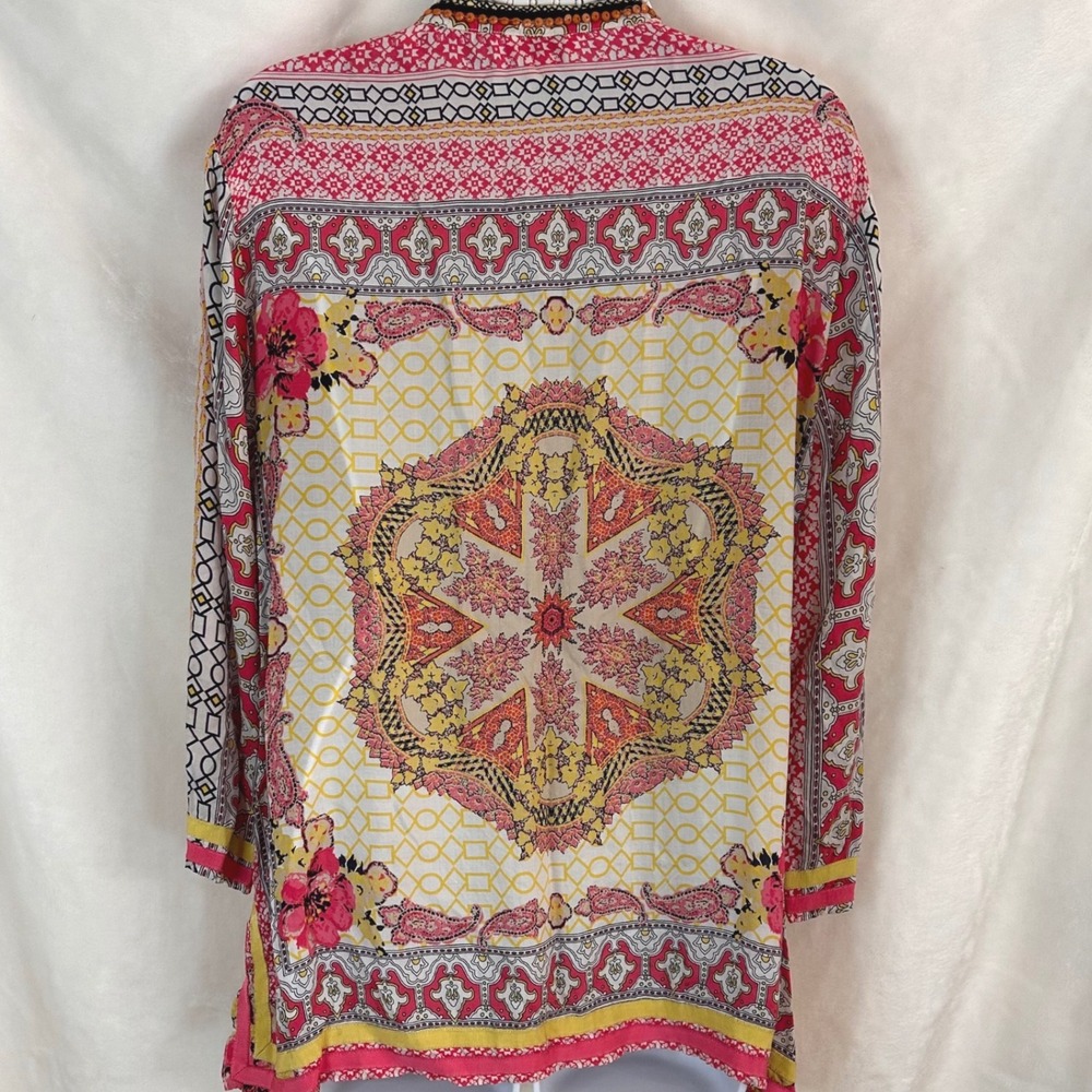 Charter Club Women's L Pink Yellow Beaded Paisley Rayon Tunic Top Boho Festival - Picture 4 of 10